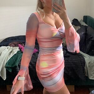 Long Sleeve Ruched Multicolour Mini Dress